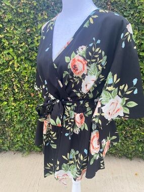 Black Floral Blouse with Peach Roses